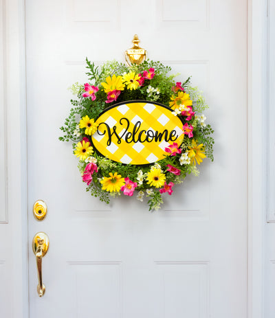 15" Oval Wooden Sign: Yellow Plaid Welcome