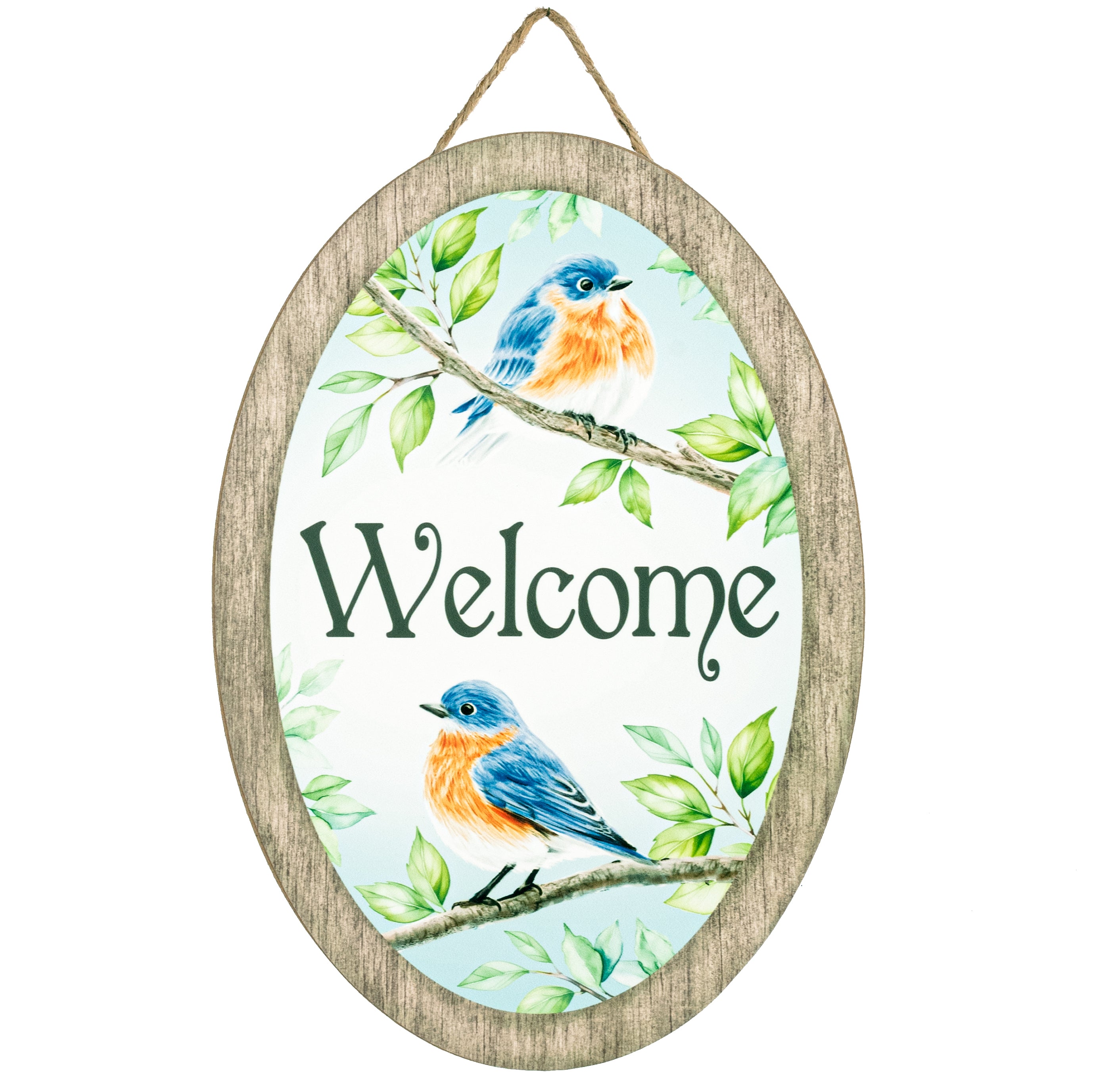 13" Oval Wooden Sign: Welcome Blue Birds