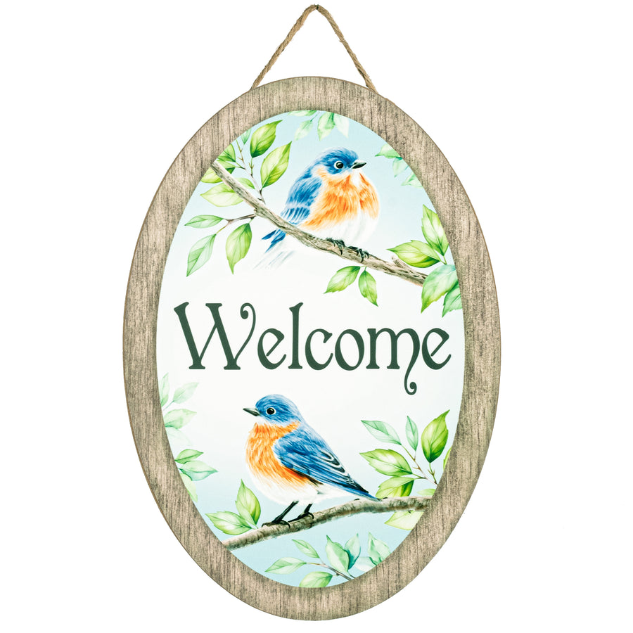 13" Oval Wooden Sign: Welcome Blue Birds