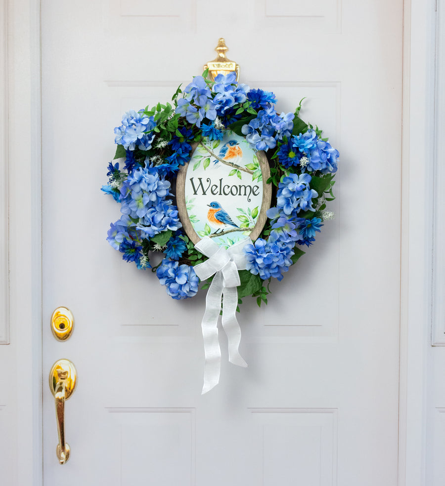 13" Oval Wooden Sign: Welcome Blue Birds