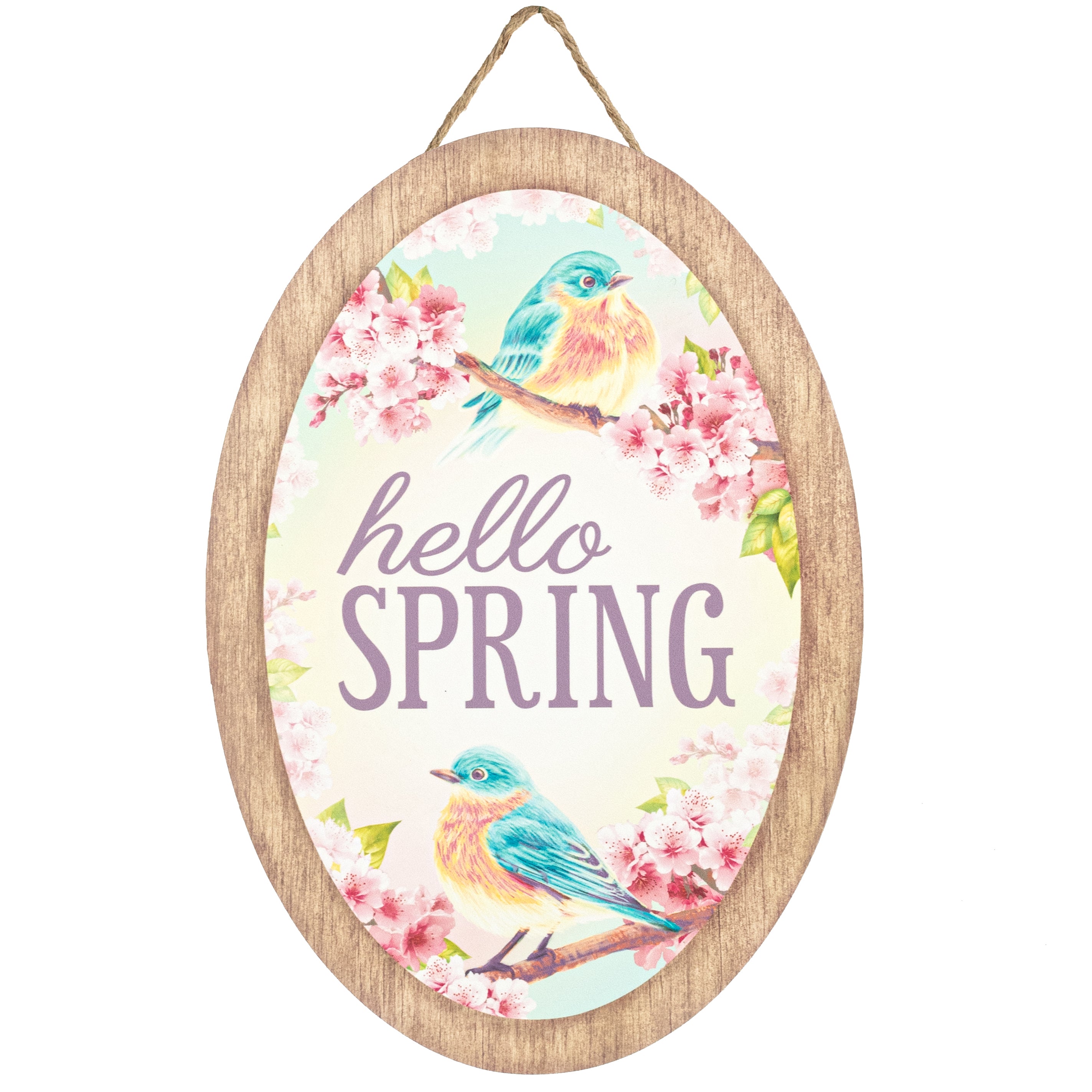 13" Oval Wooden Sign: Hello Spring Birds