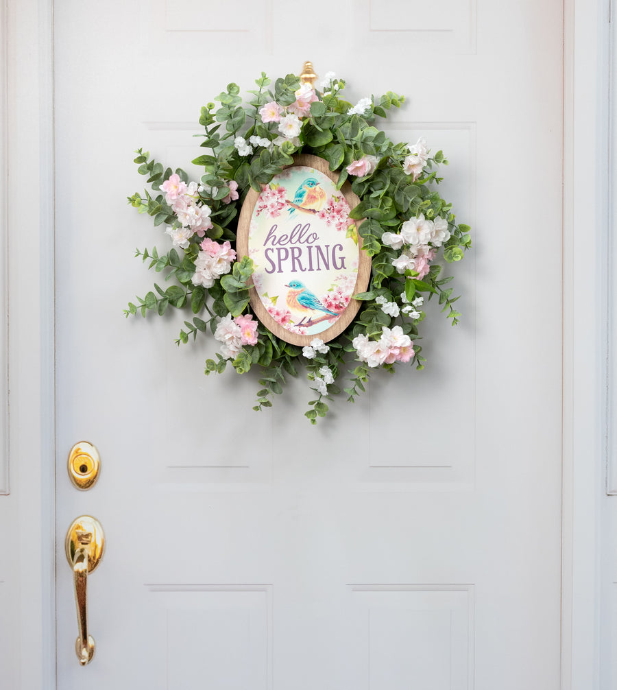 13" Oval Wooden Sign: Hello Spring Birds