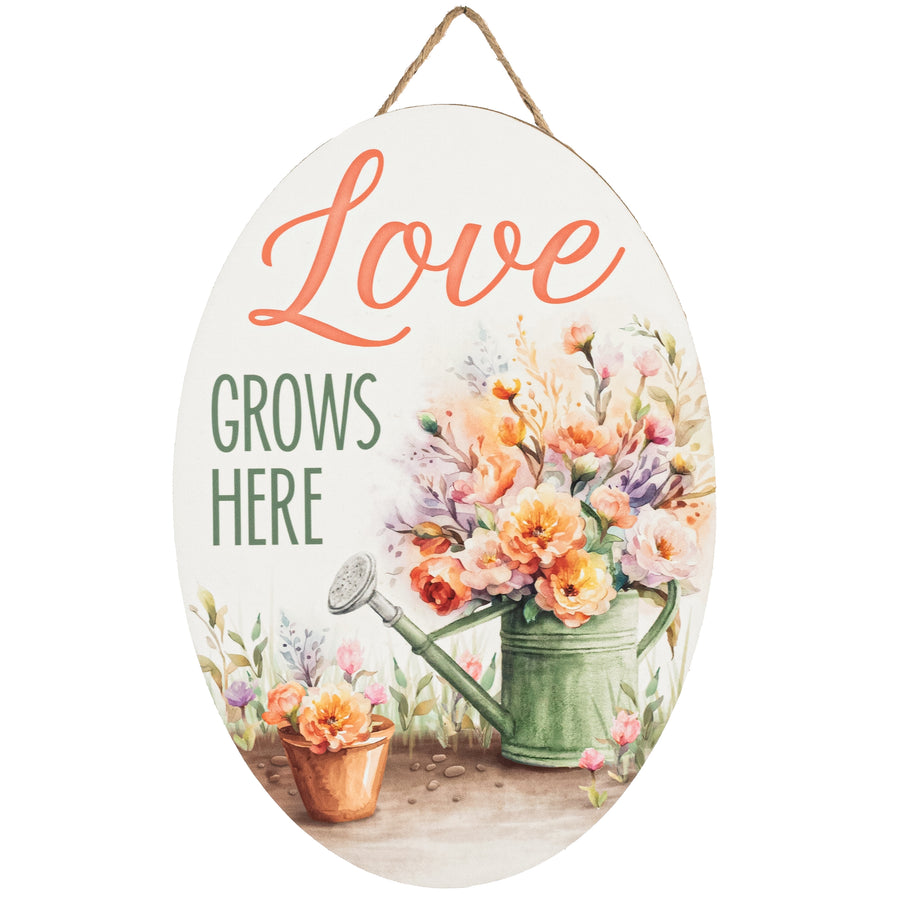 13" Oval Wooden Sign: Love Grows Here Flowers
