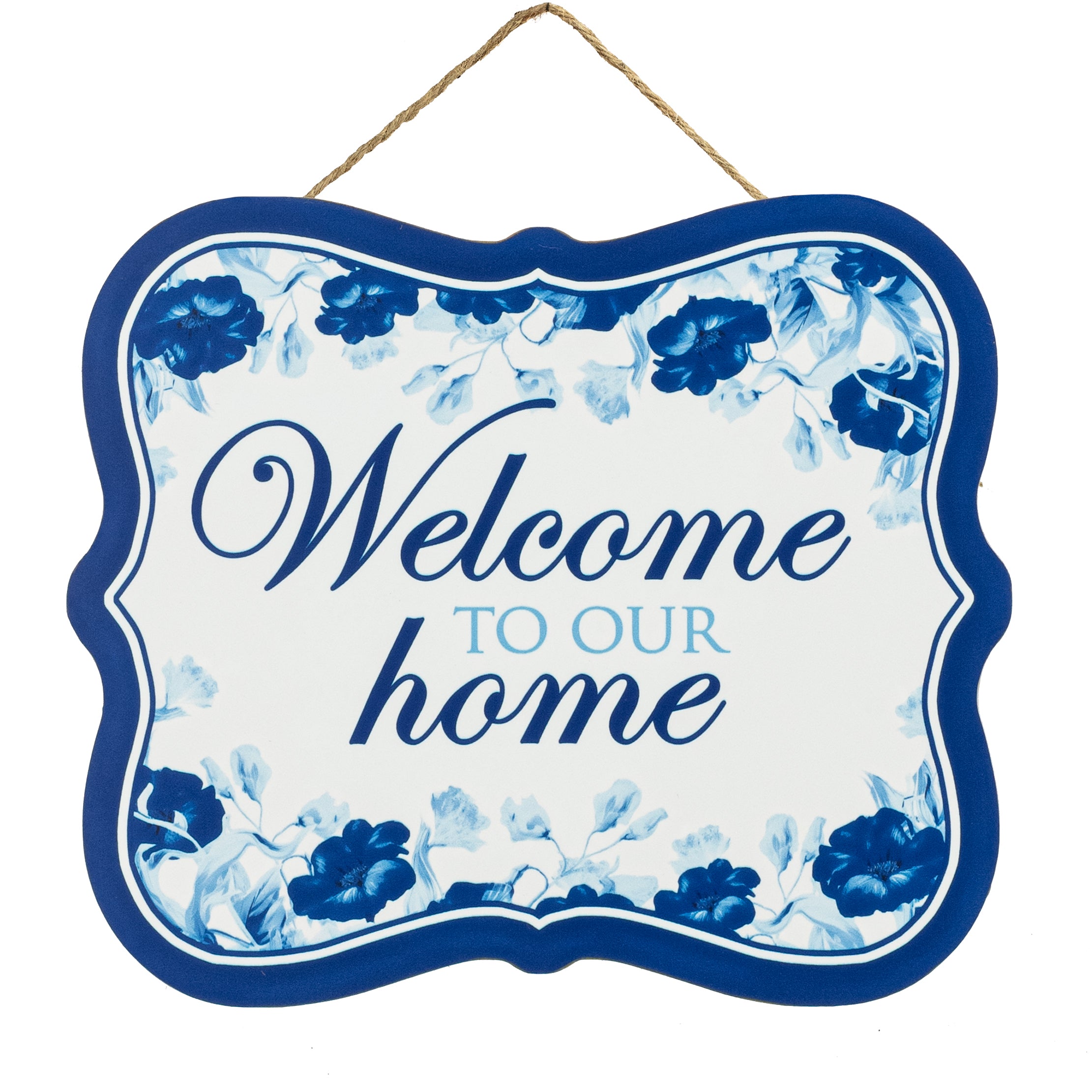 10" Scalloped Wooden Sign: Blue Floral Welcome to our Home