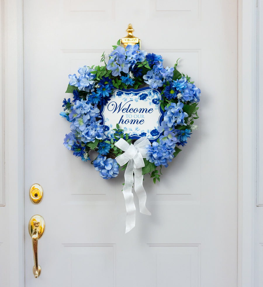 10" Scalloped Wooden Sign: Blue Floral Welcome to our Home