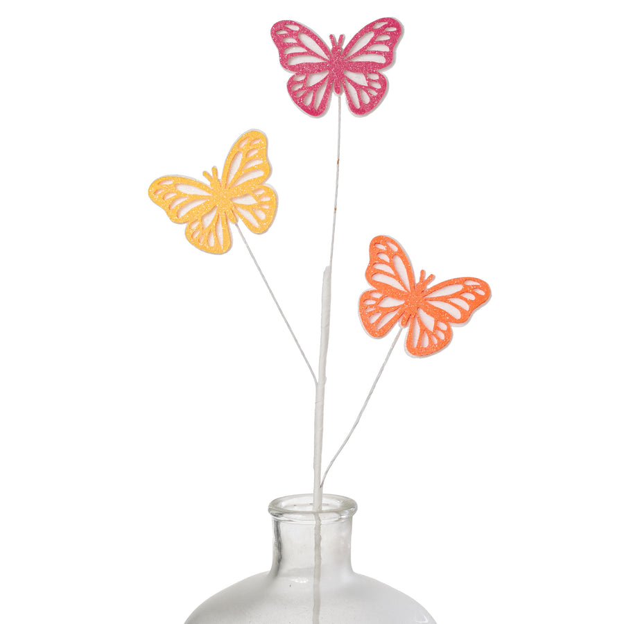 28" Glittered Felt Butterfly Spray: Yellow, Fuchsia Pink & Orange