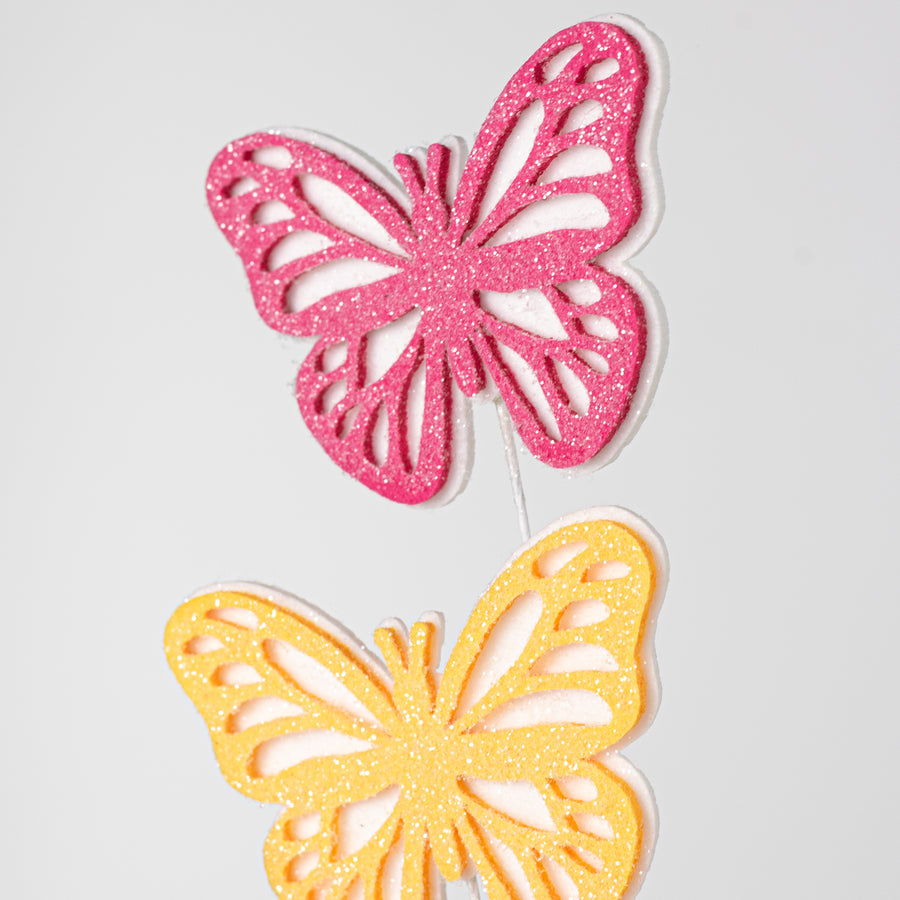 28" Glittered Felt Butterfly Spray: Yellow, Fuchsia Pink & Orange