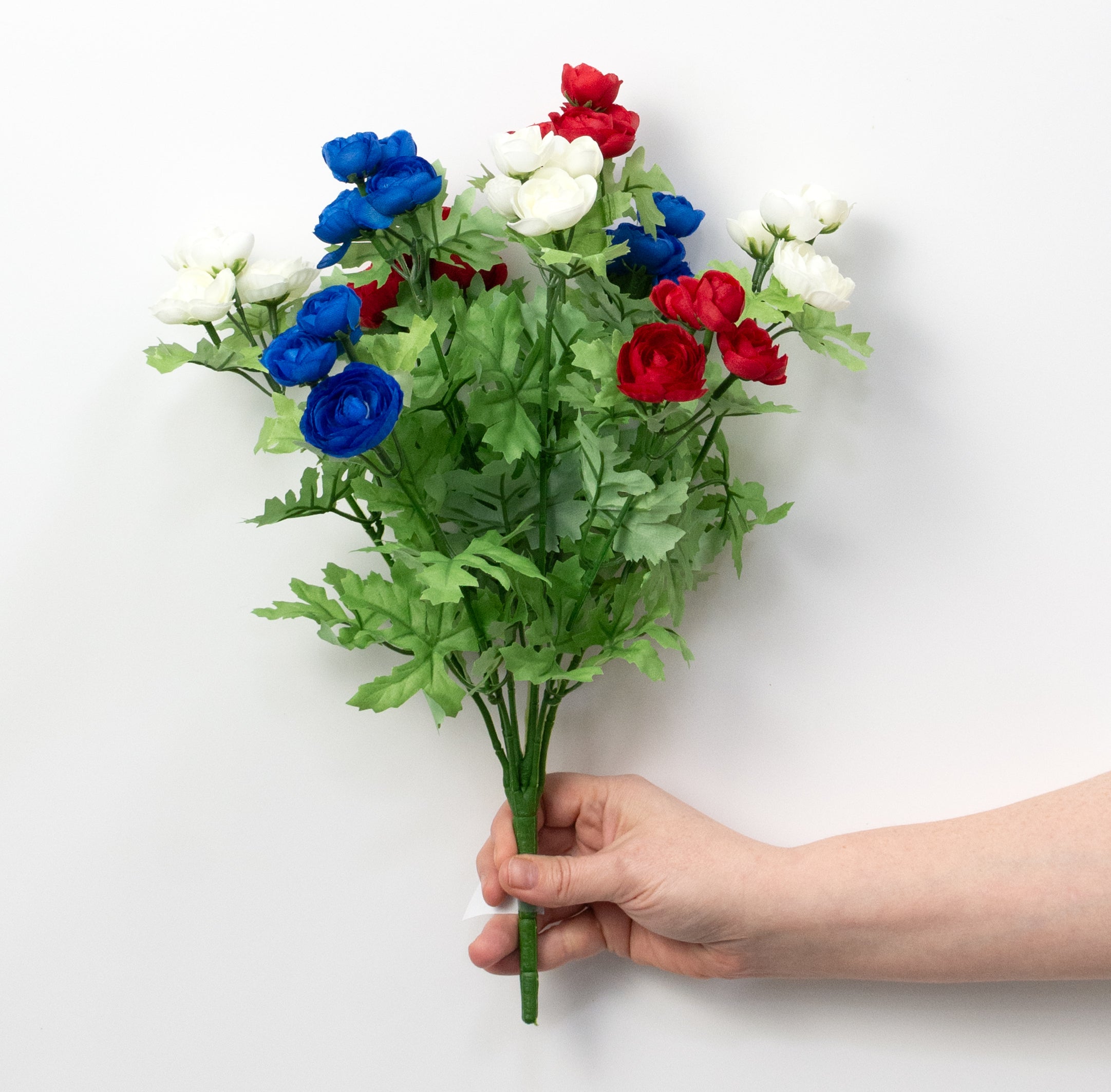 16" Mini Ranunculus Bush: Red, White & Blue (9 Stem)