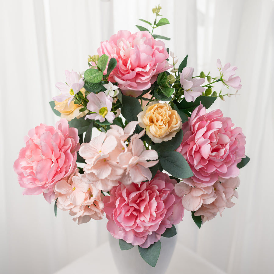 24" Peony, Hydrangea & Eucalyptus Bush: Pink & Cream