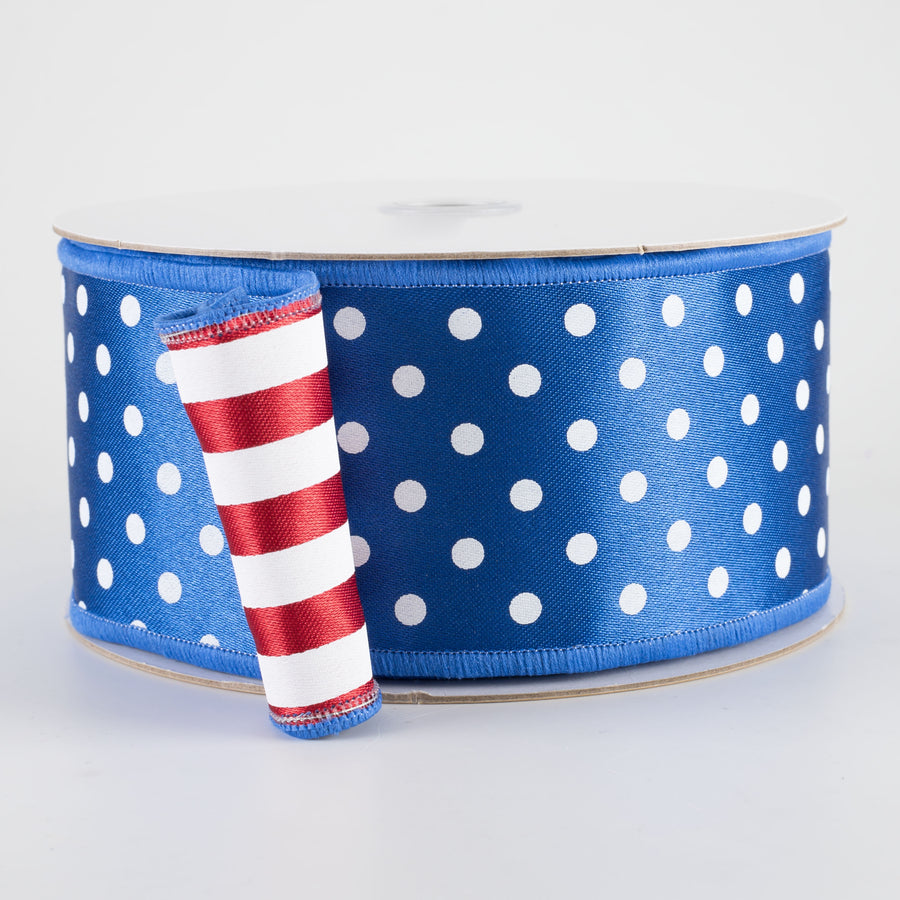 2.5" Double Sided Fused Polka Dots & Stripes Ribbon: Red, White & Royal Blue (10 Yards)