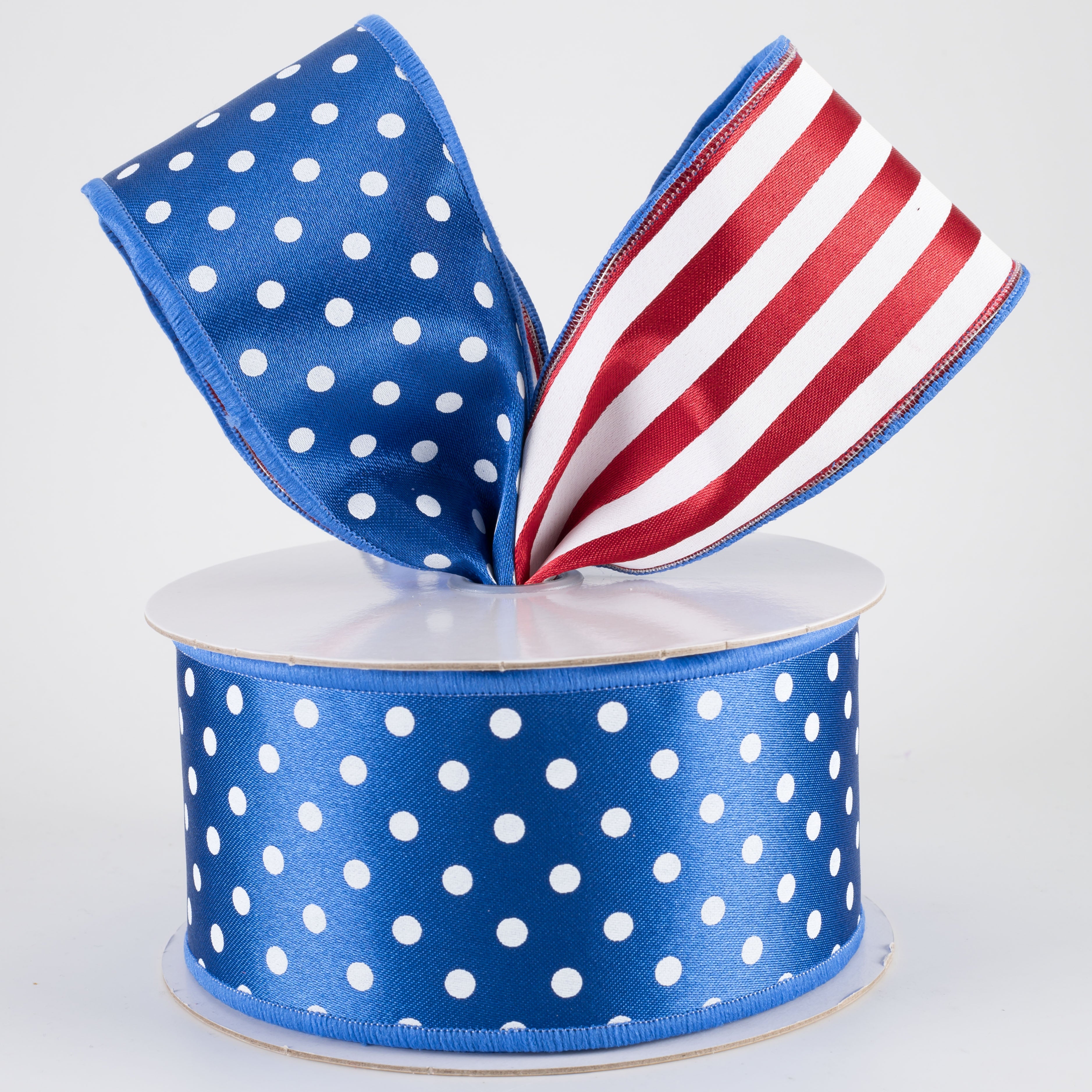 2.5" Double Sided Fused Polka Dots & Stripes Ribbon: Red, White & Royal Blue (10 Yards)