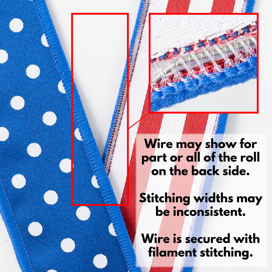 1.5" Double Sided Fused Polka Dots & Stripes Ribbon: Red, White & Royal Blue (10 Yards)