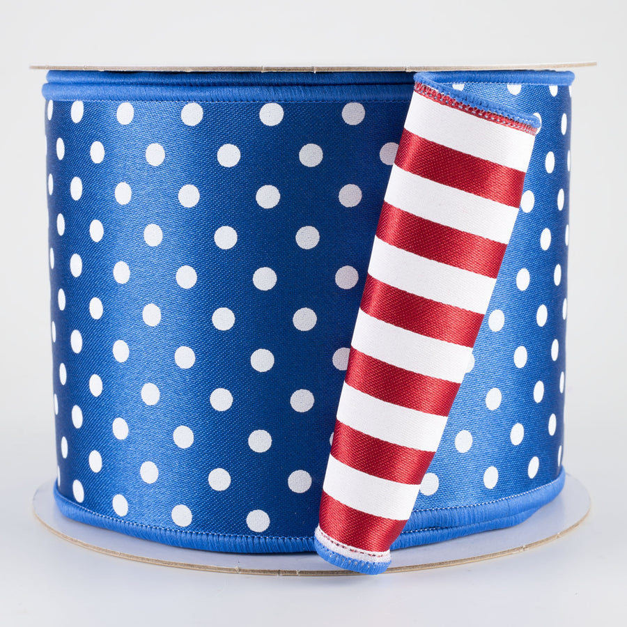 4" Double Sided Fused Polka Dots & Stripes Ribbon: Red, White & Royal Blue (10 Yards)