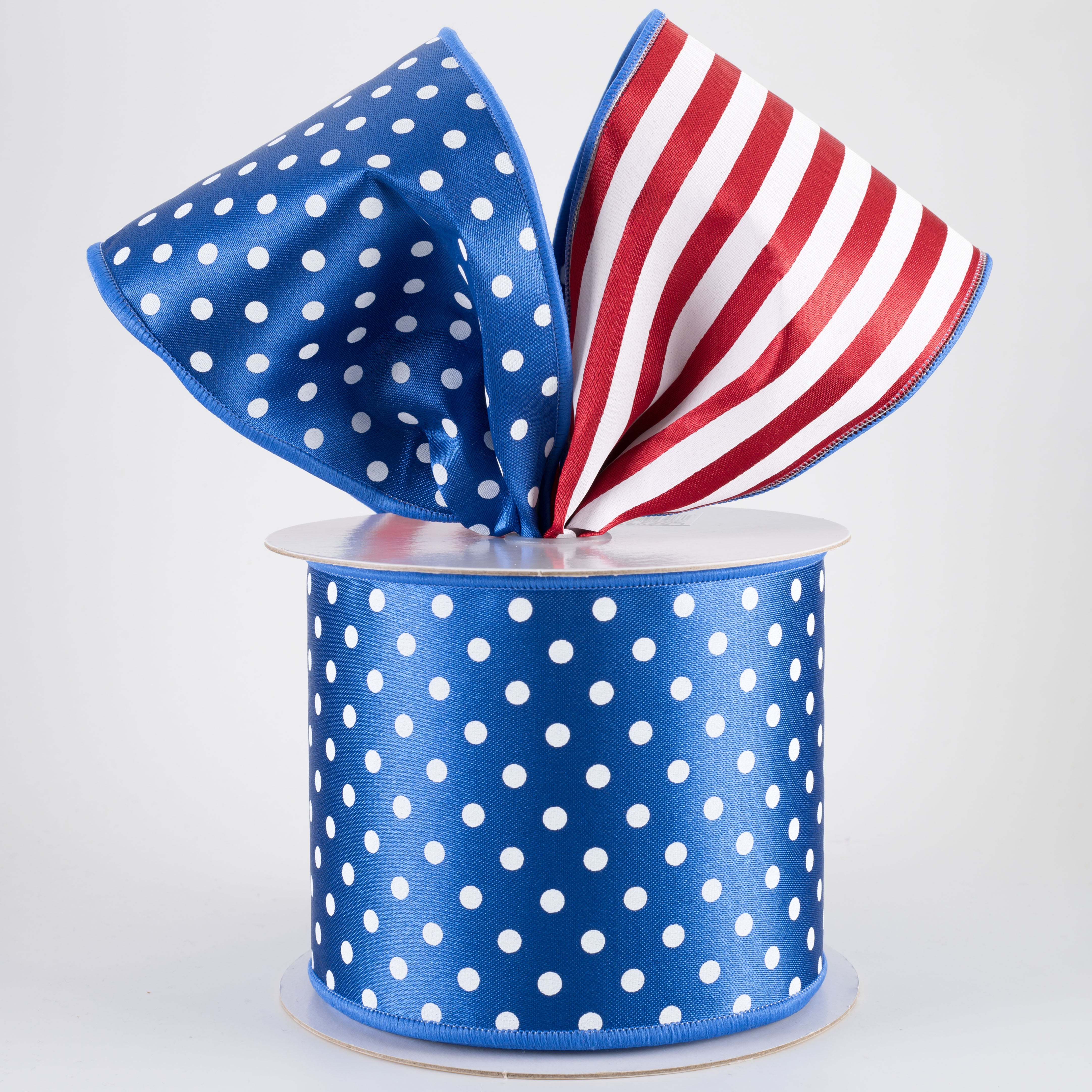 4" Double Sided Fused Polka Dots & Stripes Ribbon: Red, White & Royal Blue (10 Yards)