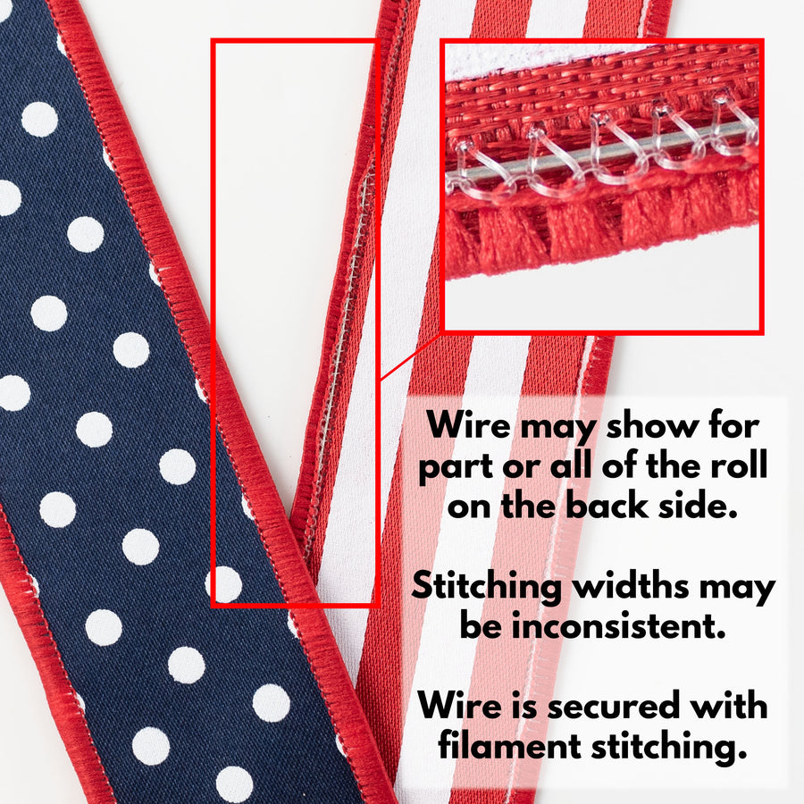 1.5" Double Sided Fused Polka Dots & Stripes Ribbon: Red, White & Navy Blue (10 Yards)