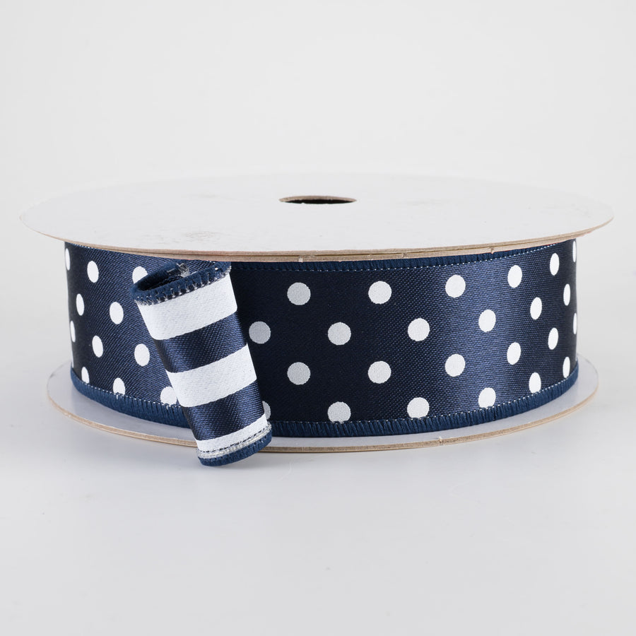 1.5" Double Sided Fused Polka Dots & Stripes Ribbon: Navy & White (10 Yards)