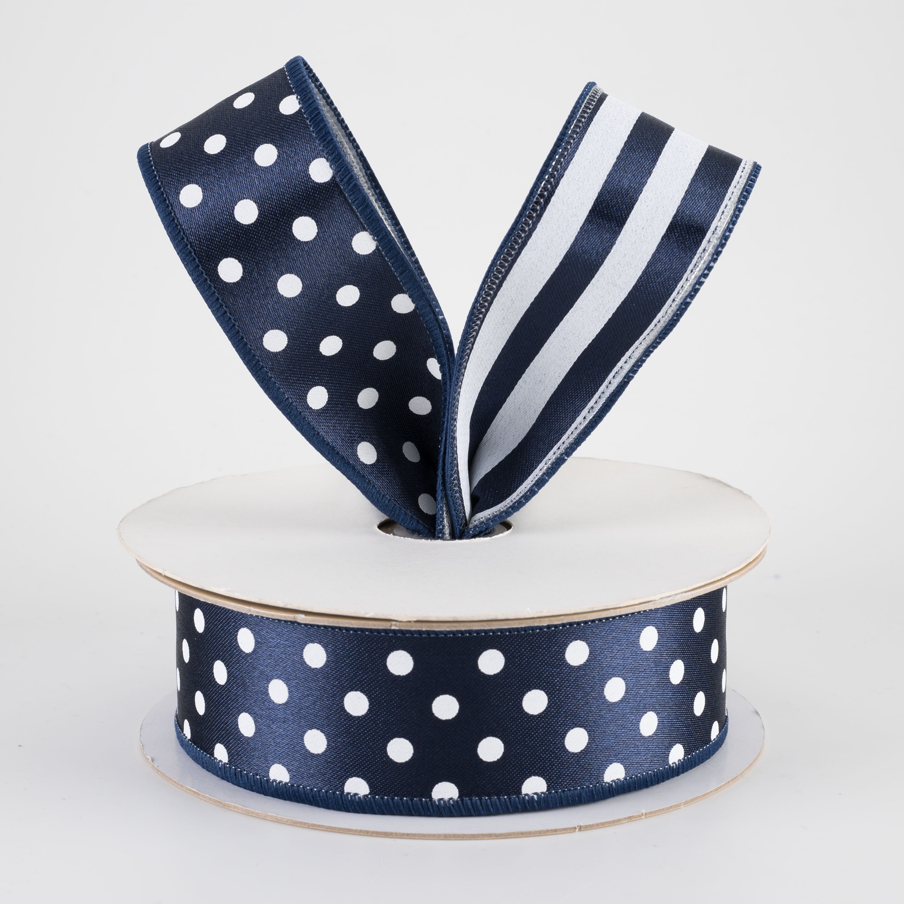 1.5" Double Sided Fused Polka Dots & Stripes Ribbon: Navy & White (10 Yards)