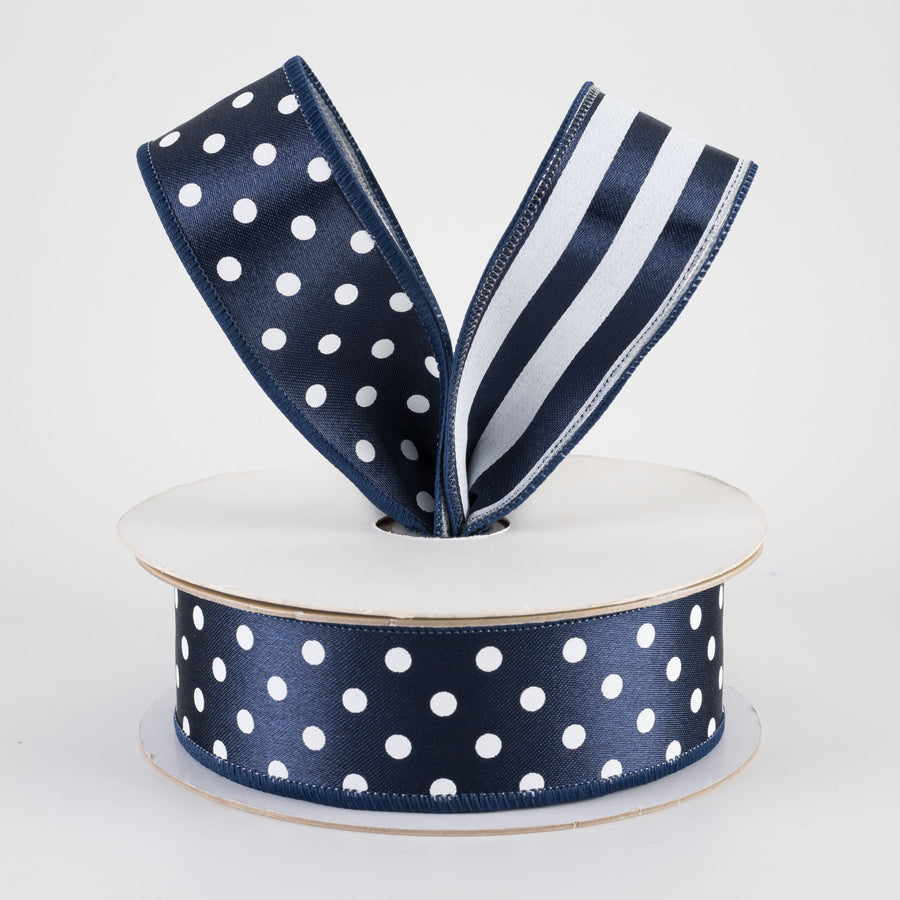 1.5" Double Sided Fused Polka Dots & Stripes Ribbon: Navy & White (10 Yards)