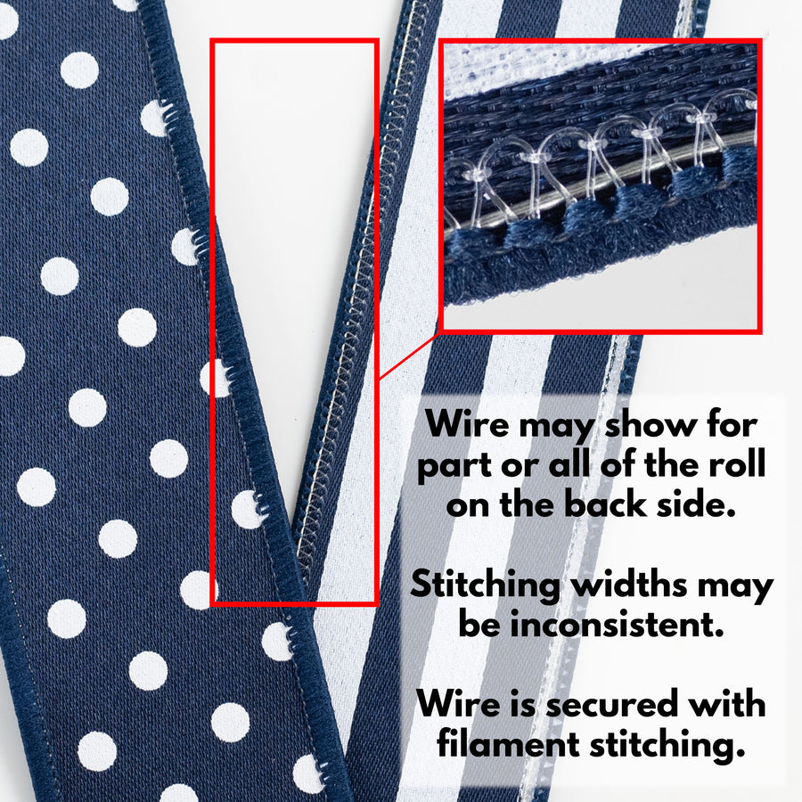 1.5" Double Sided Fused Polka Dots & Stripes Ribbon: Navy & White (10 Yards)