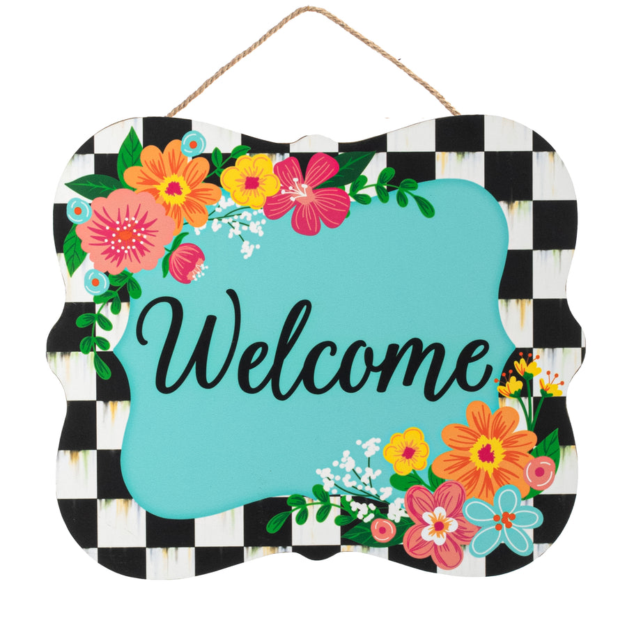 10" Scalloped Wooden Sign: Blue Floral Welcome Checkerboard