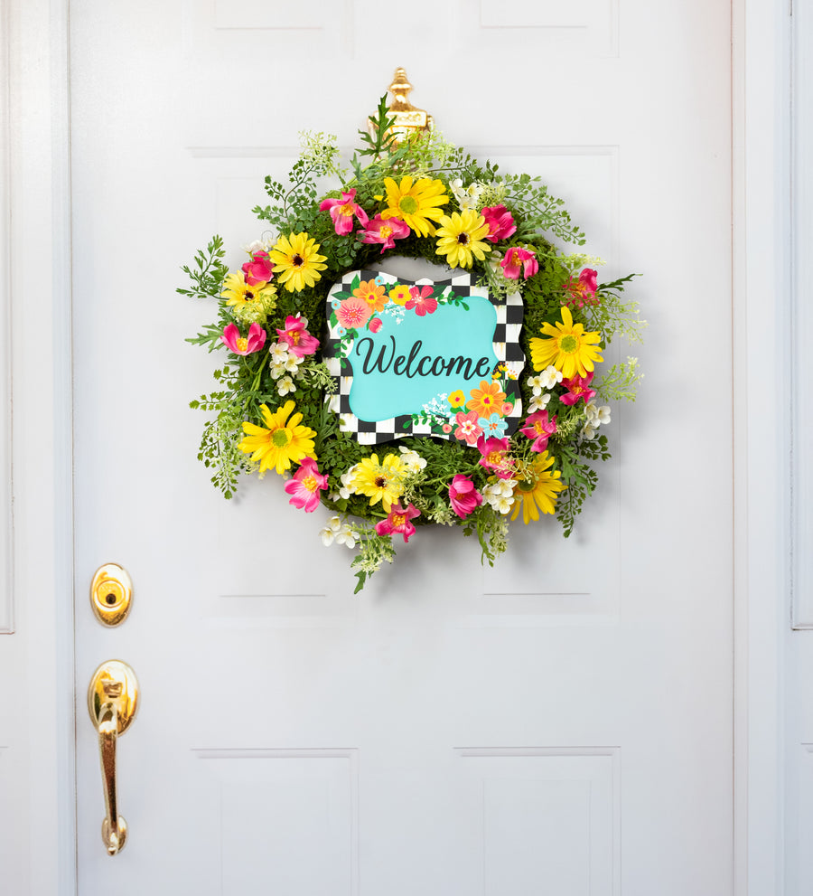 10" Scalloped Wooden Sign: Blue Floral Welcome Checkerboard