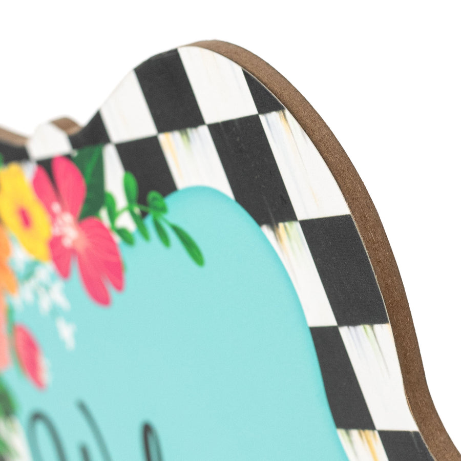 10" Scalloped Wooden Sign: Blue Floral Welcome Checkerboard