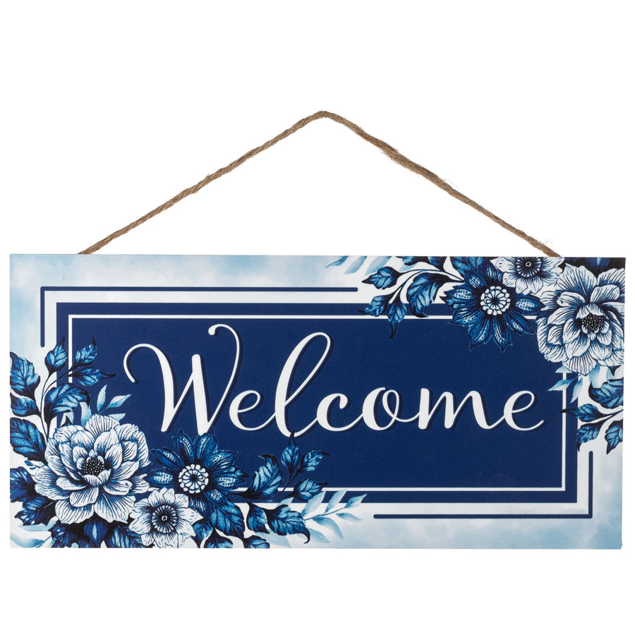 12" Wooden Sign: Blue Floral Welcome