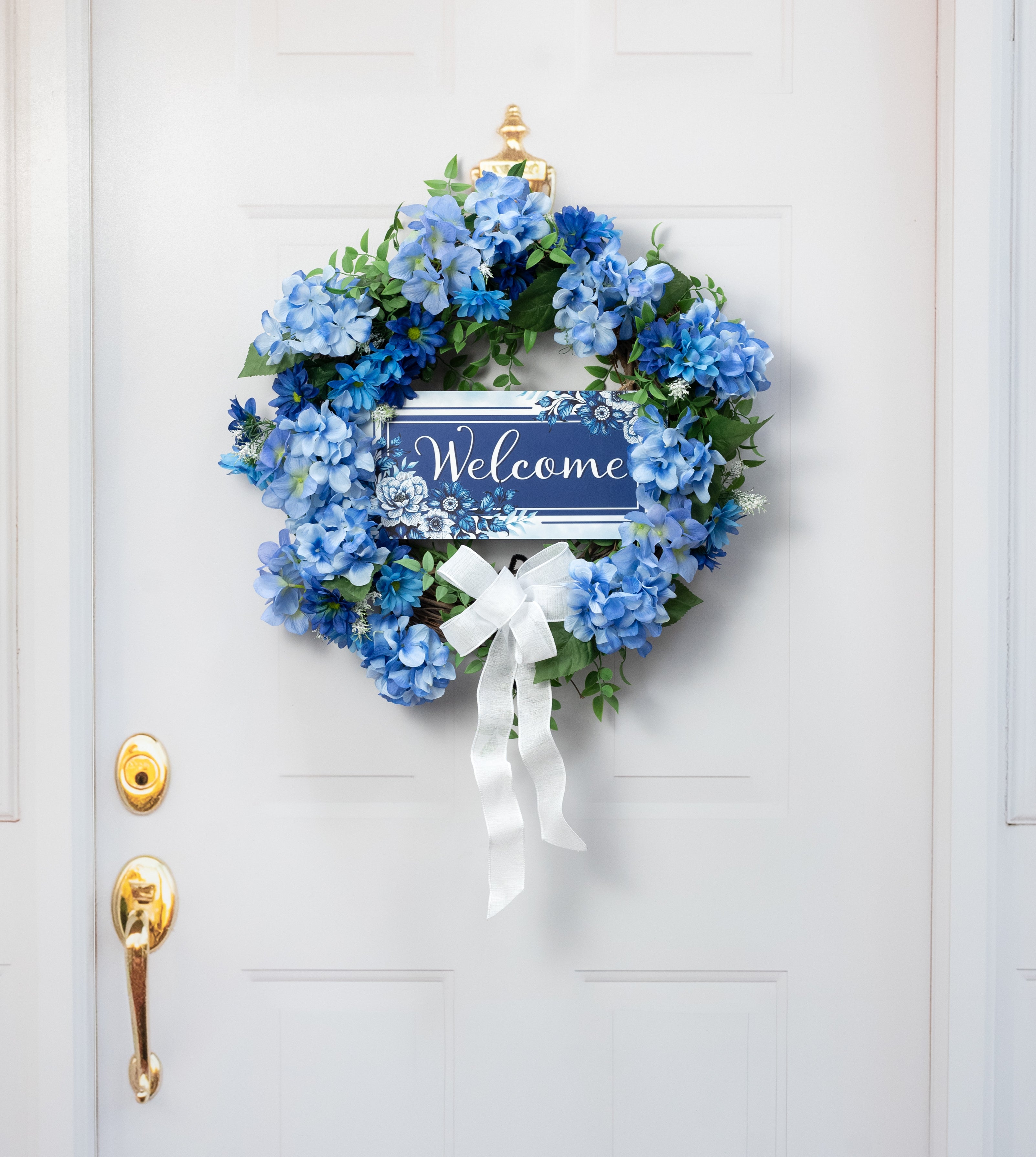 12" Wooden Sign: Blue Floral Welcome