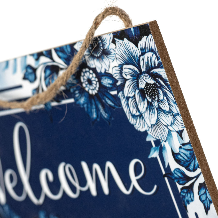 12" Wooden Sign: Blue Floral Welcome