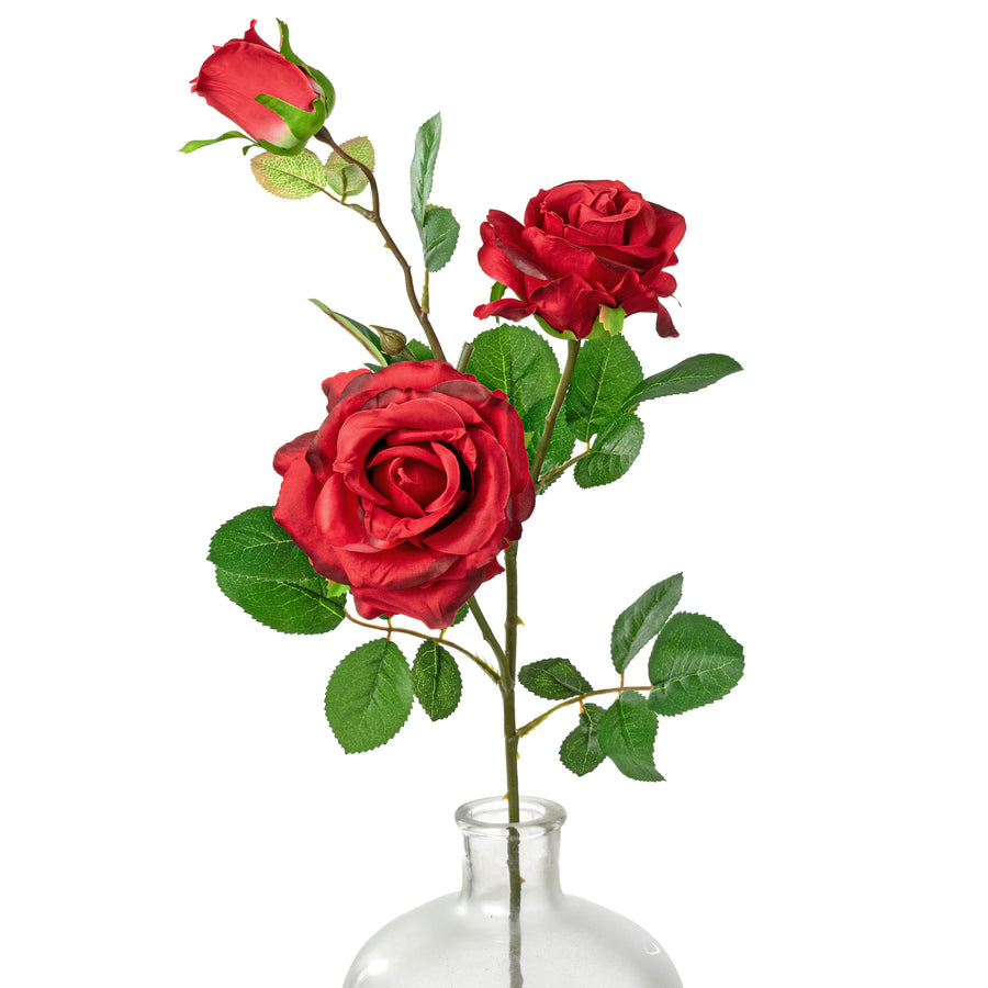 30" Roses Bud, Blooms & Leaves Spray: Red