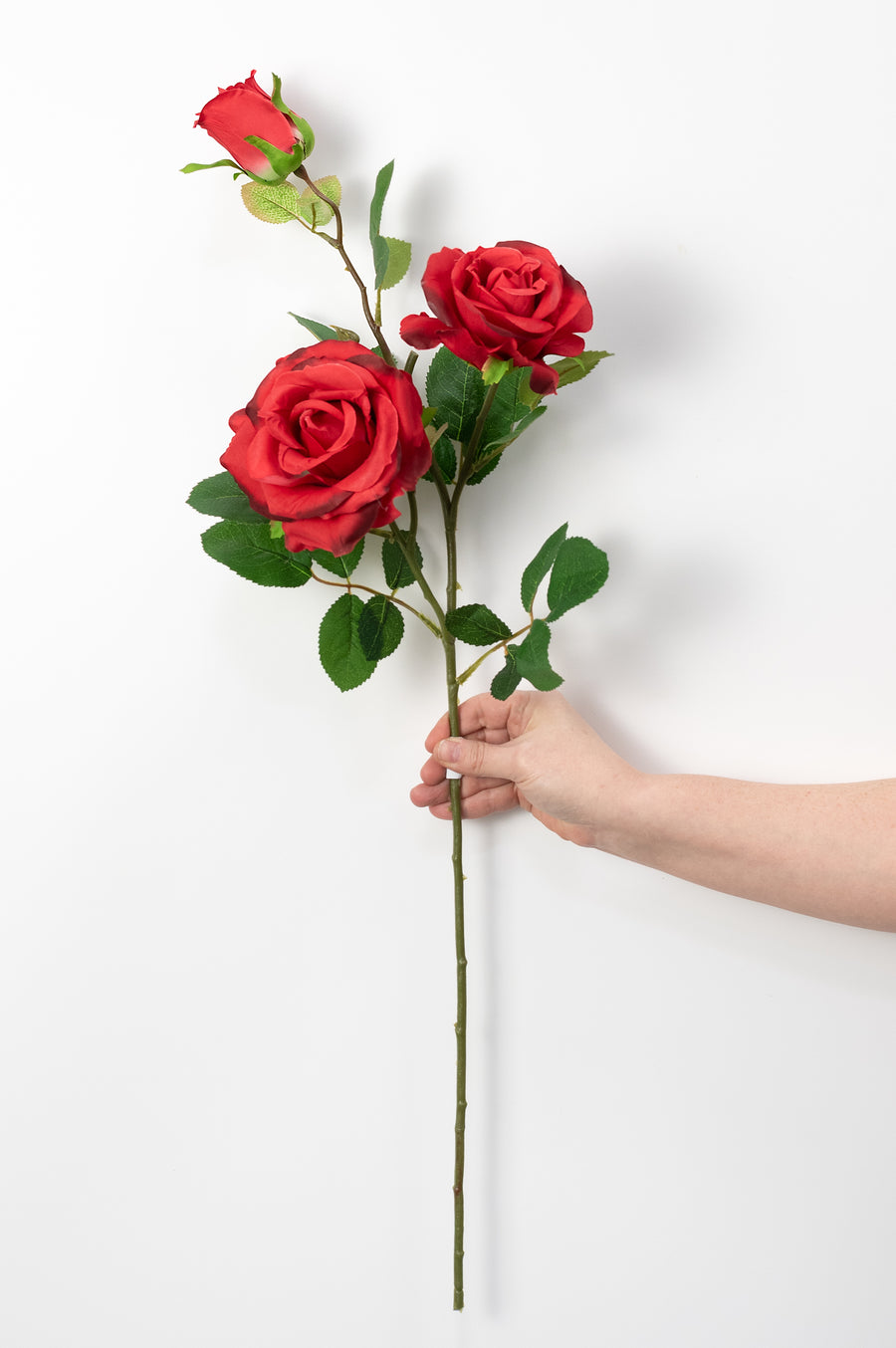 30" Roses Bud, Blooms & Leaves Spray: Red