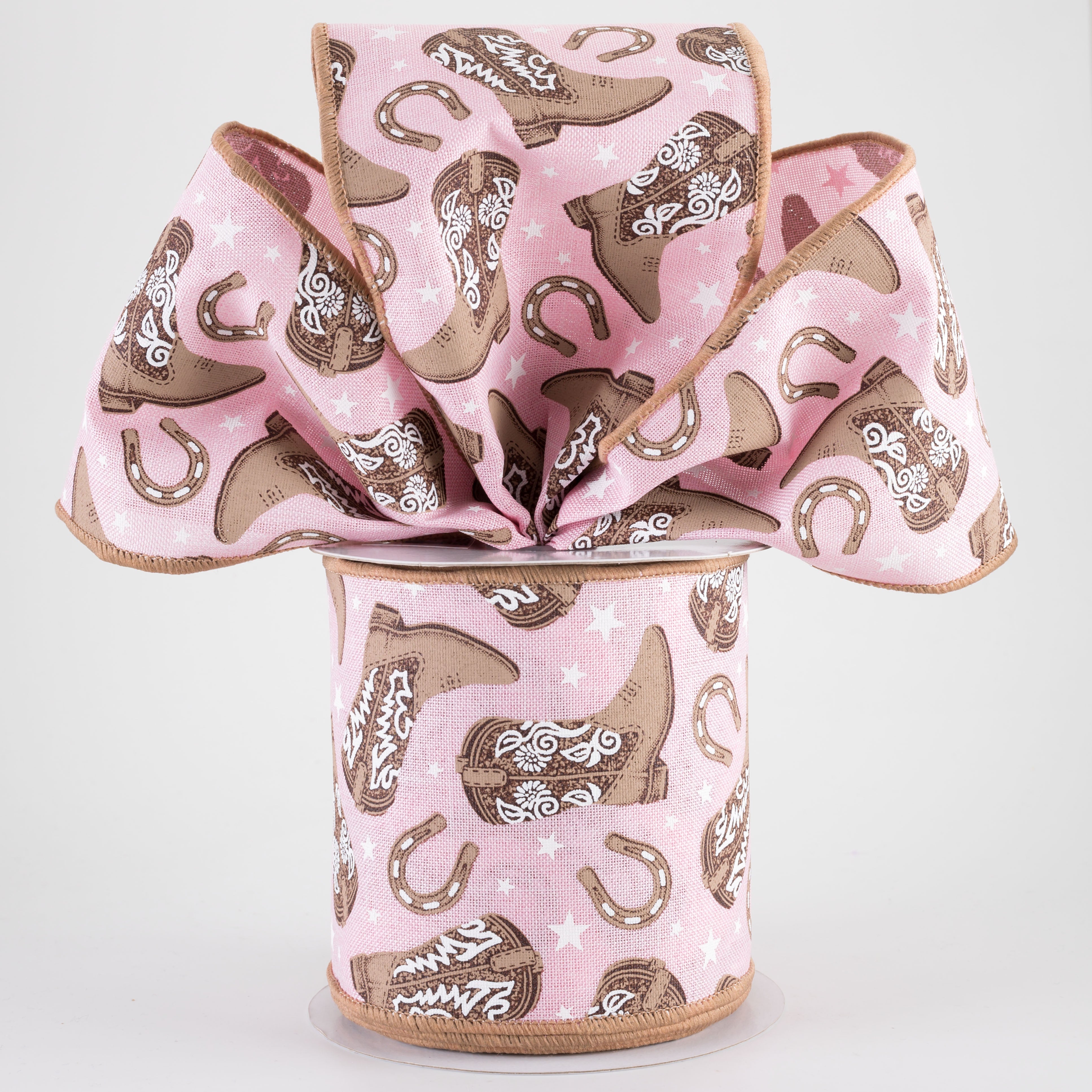 4" Cowboy Boots & Horseshoes Ribbon: Light Pink (10 Yards)