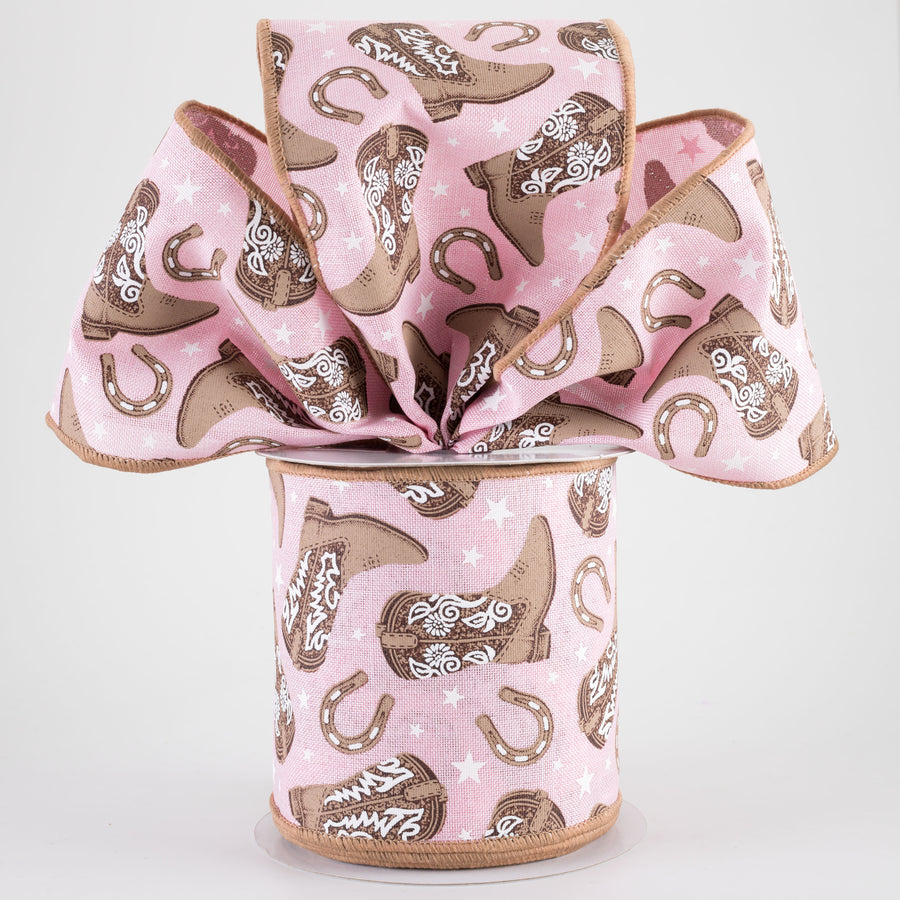4" Cowboy Boots & Horseshoes Ribbon: Light Pink (10 Yards)