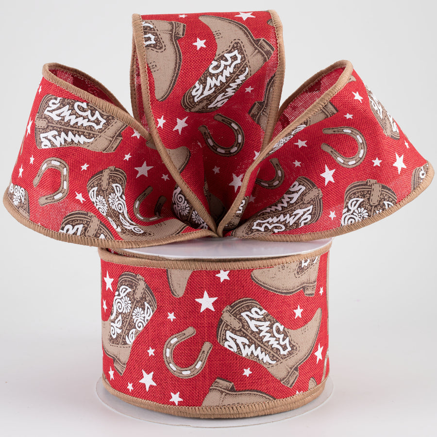 2.5" Cowboy Boots & Horseshoes Ribbon: Red (10 Yards)