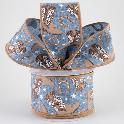 2.5" Cowboy Boots & Horseshoes Ribbon: Denim Blue (10 Yards)