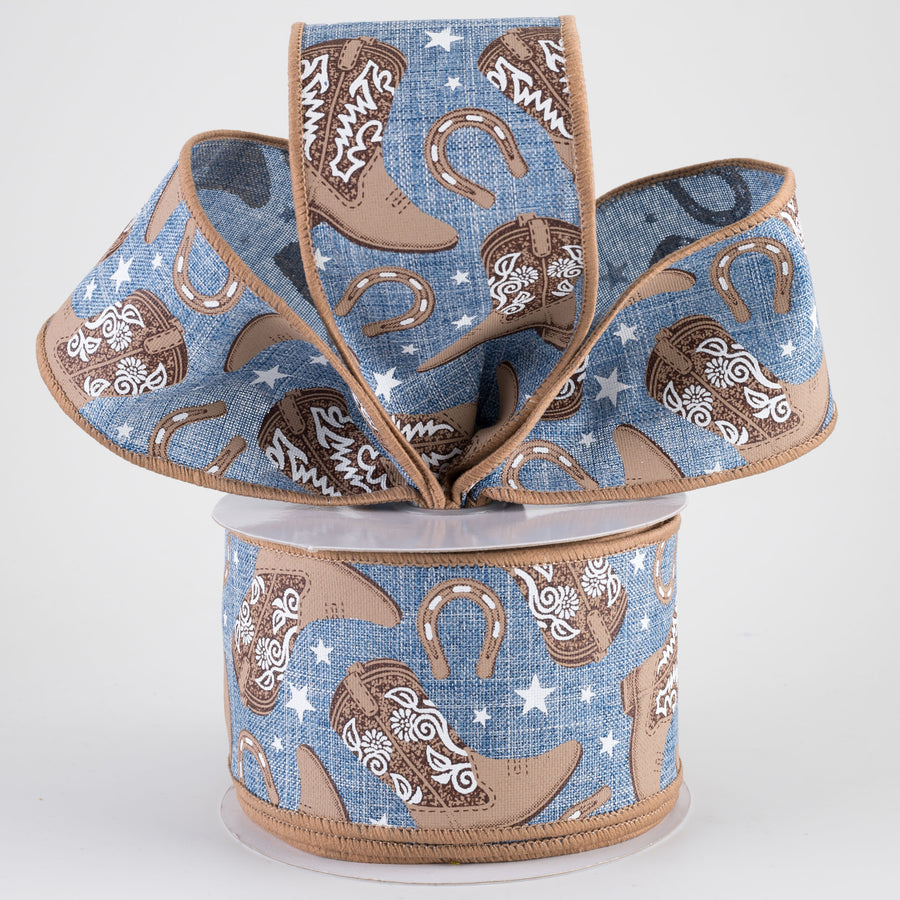 2.5" Cowboy Boots & Horseshoes Ribbon: Denim Blue (10 Yards)