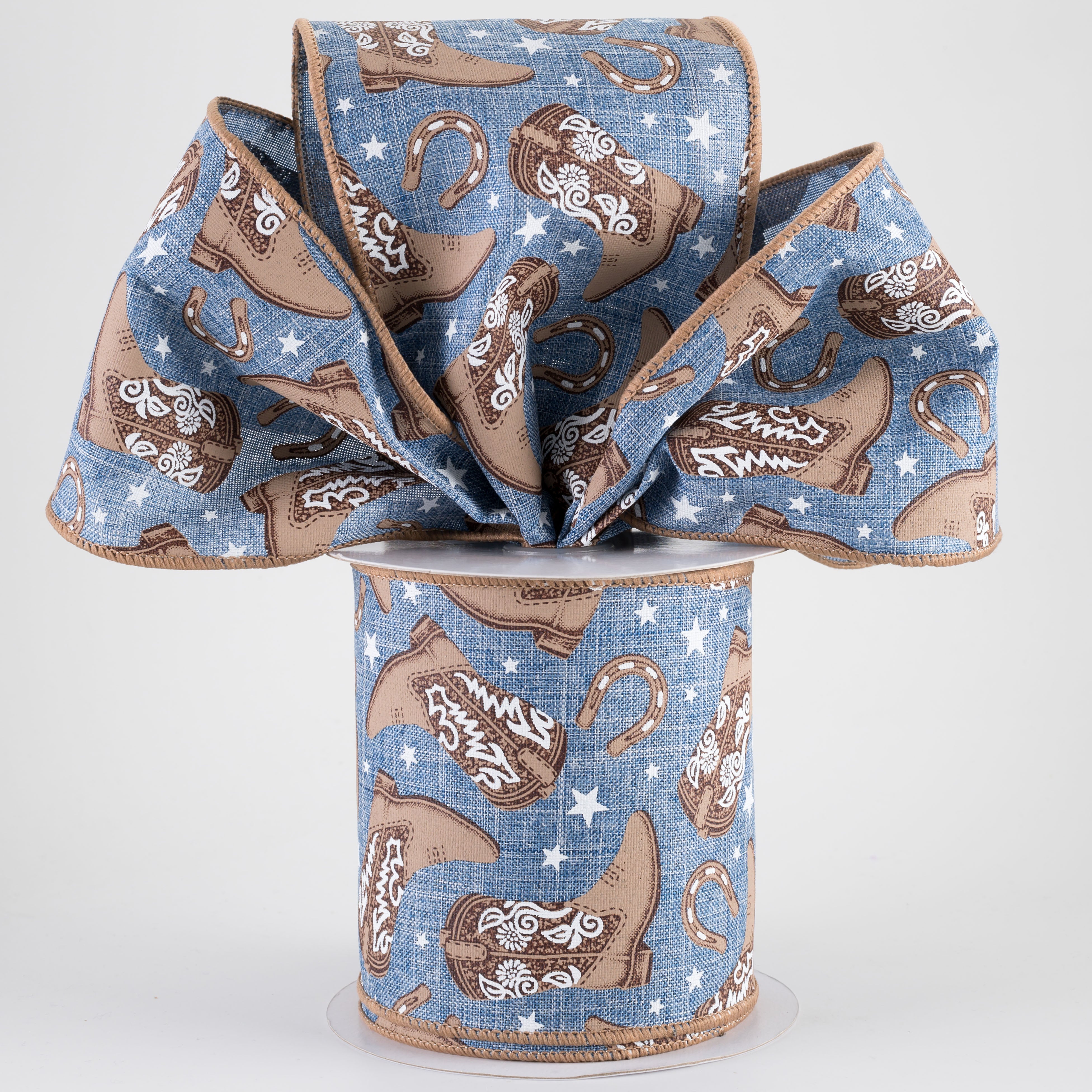 4" Cowboy Boots & Horseshoes Ribbon: Denim Blue (10 Yards)