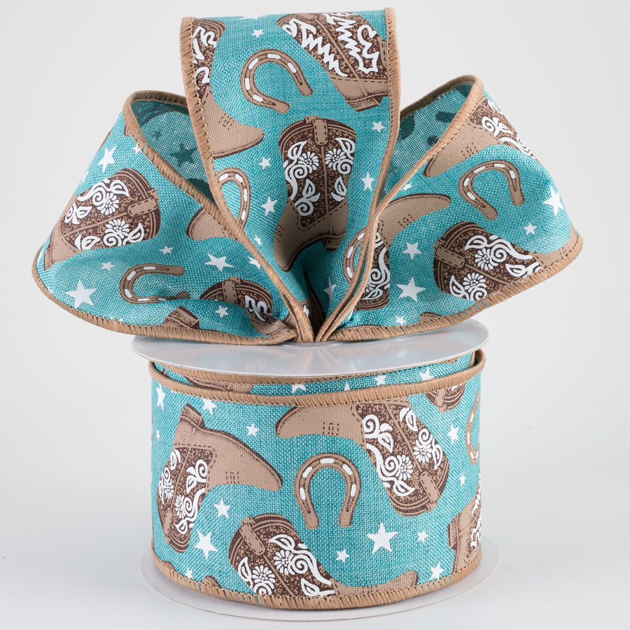 2.5" Cowboy Boots & Horseshoes Ribbon: Light Teal (10 Yards)