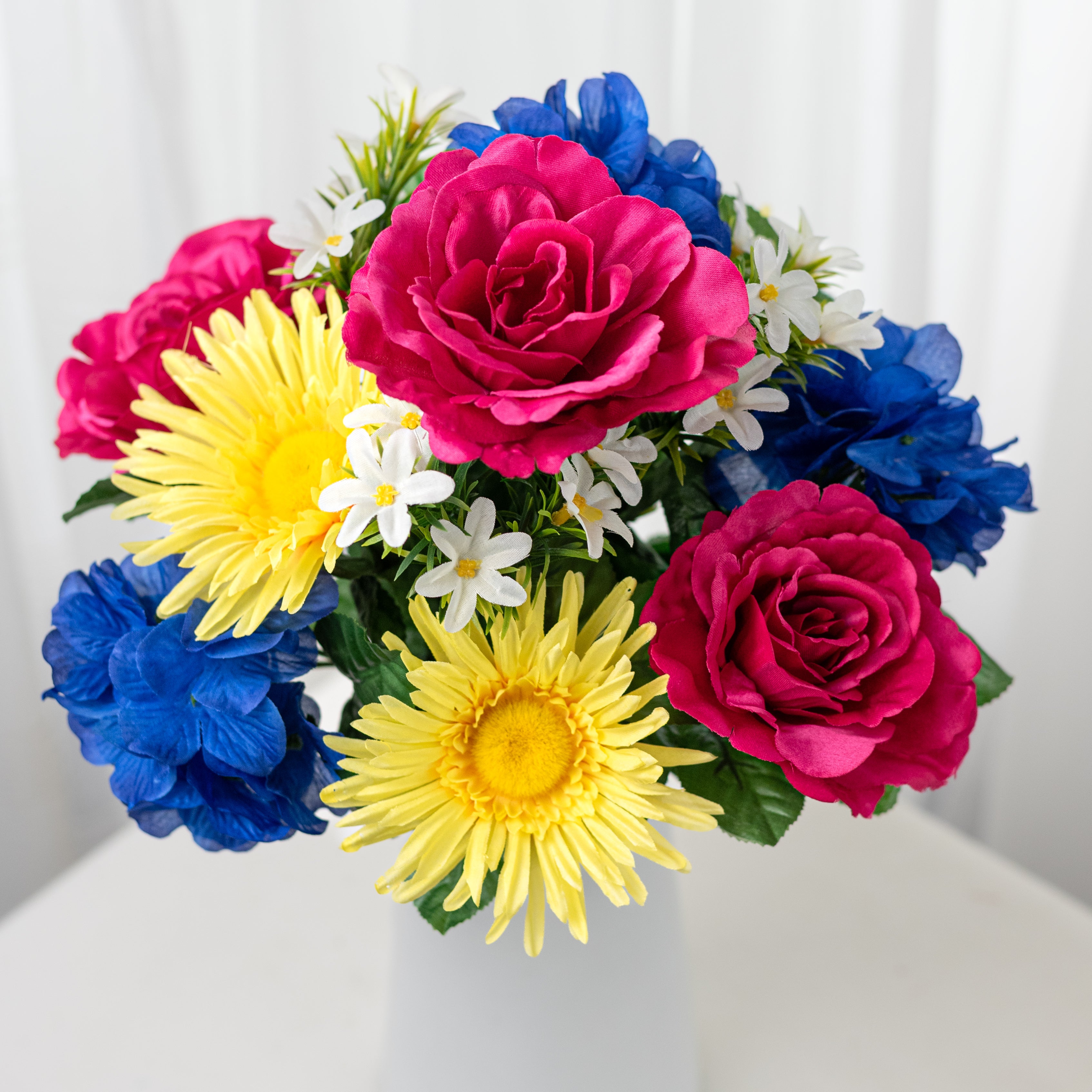 18" Rose, Hydrangea & Daisy Bush: Beauty, Blue & Yellow (12 Stem)