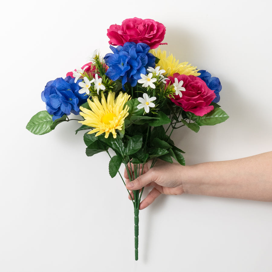 18" Rose, Hydrangea & Daisy Bush: Beauty, Blue & Yellow (12 Stem)