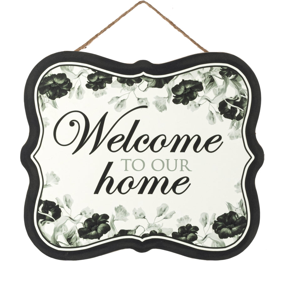 10" Scalloped Wooden Sign: Black Floral Welcome to our Home