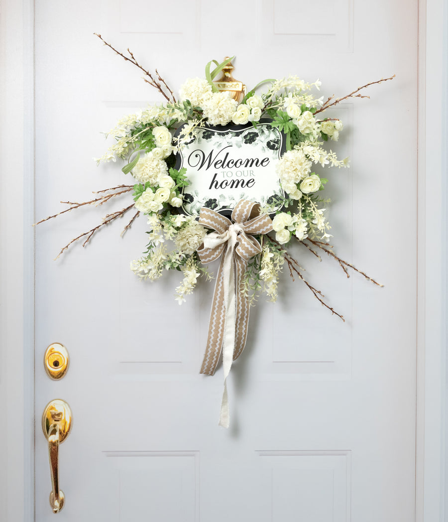 10" Scalloped Wooden Sign: Black Floral Welcome to our Home