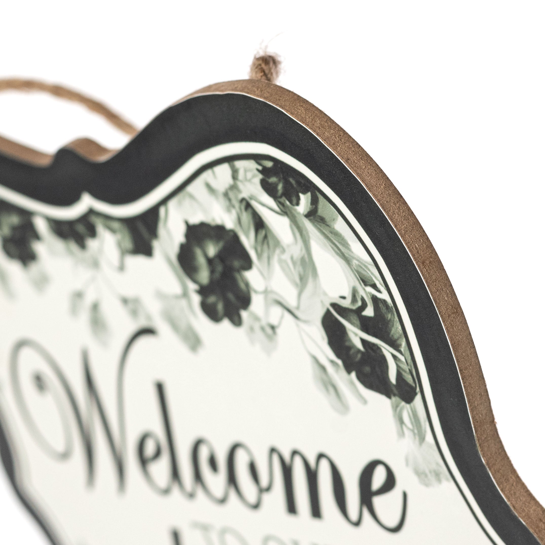 10" Scalloped Wooden Sign: Black Floral Welcome to our Home