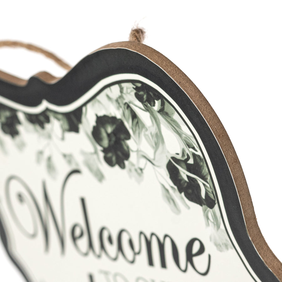 10" Scalloped Wooden Sign: Black Floral Welcome to our Home