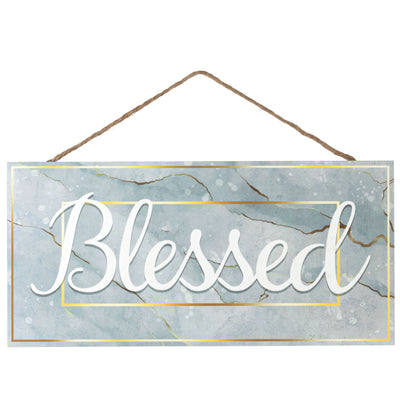12" Wooden Sign: Grey Marble Blessed