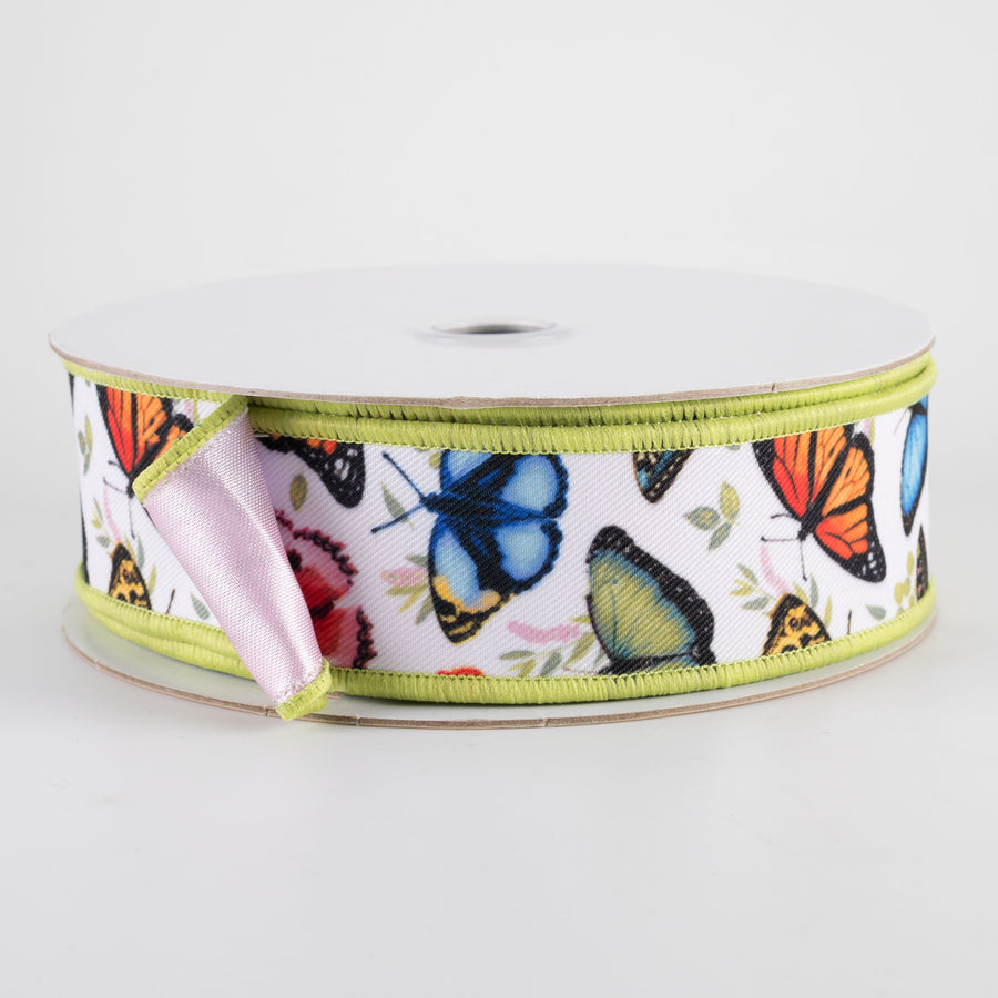 1.5" Double Sided Fused Multicolor Butterflies Ribbon: Pink (10 Yards)