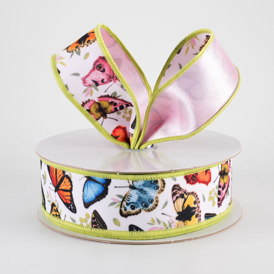 1.5" Double Sided Fused Multicolor Butterflies Ribbon: Pink (10 Yards)