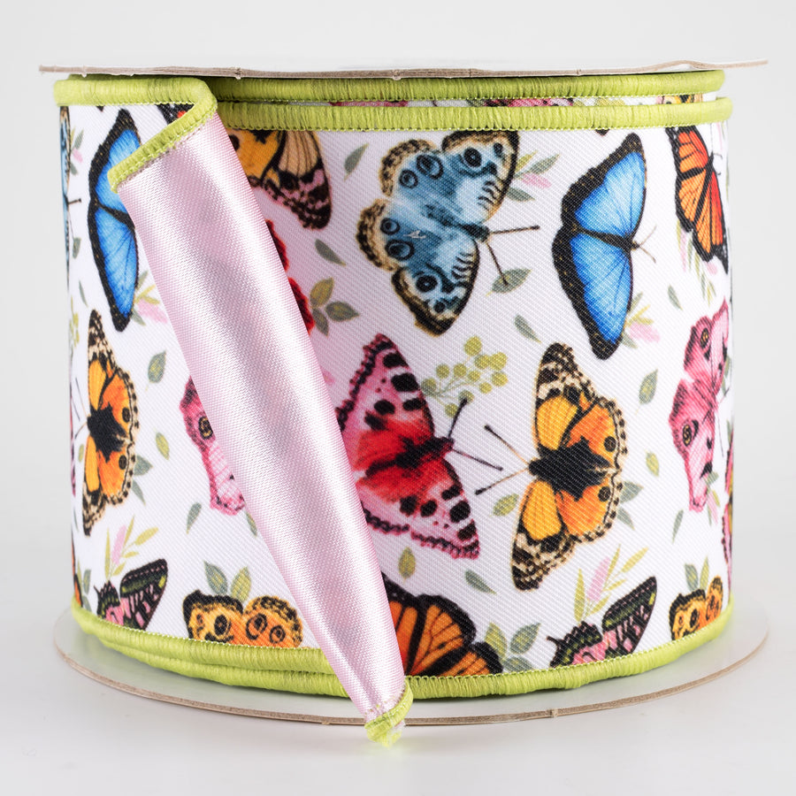 4" Double Sided Fused Multicolor Butterflies Ribbon: Pink (10 Yards)