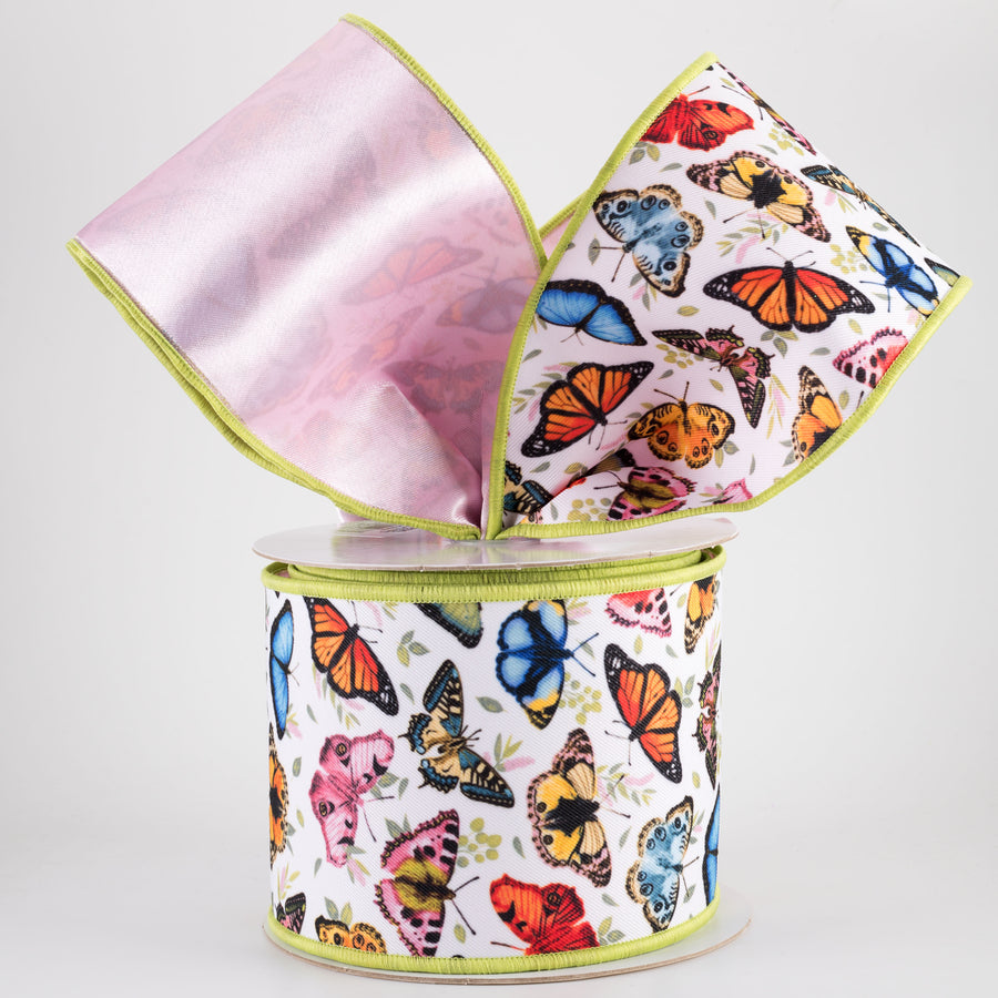 4" Double Sided Fused Multicolor Butterflies Ribbon: Pink (10 Yards)