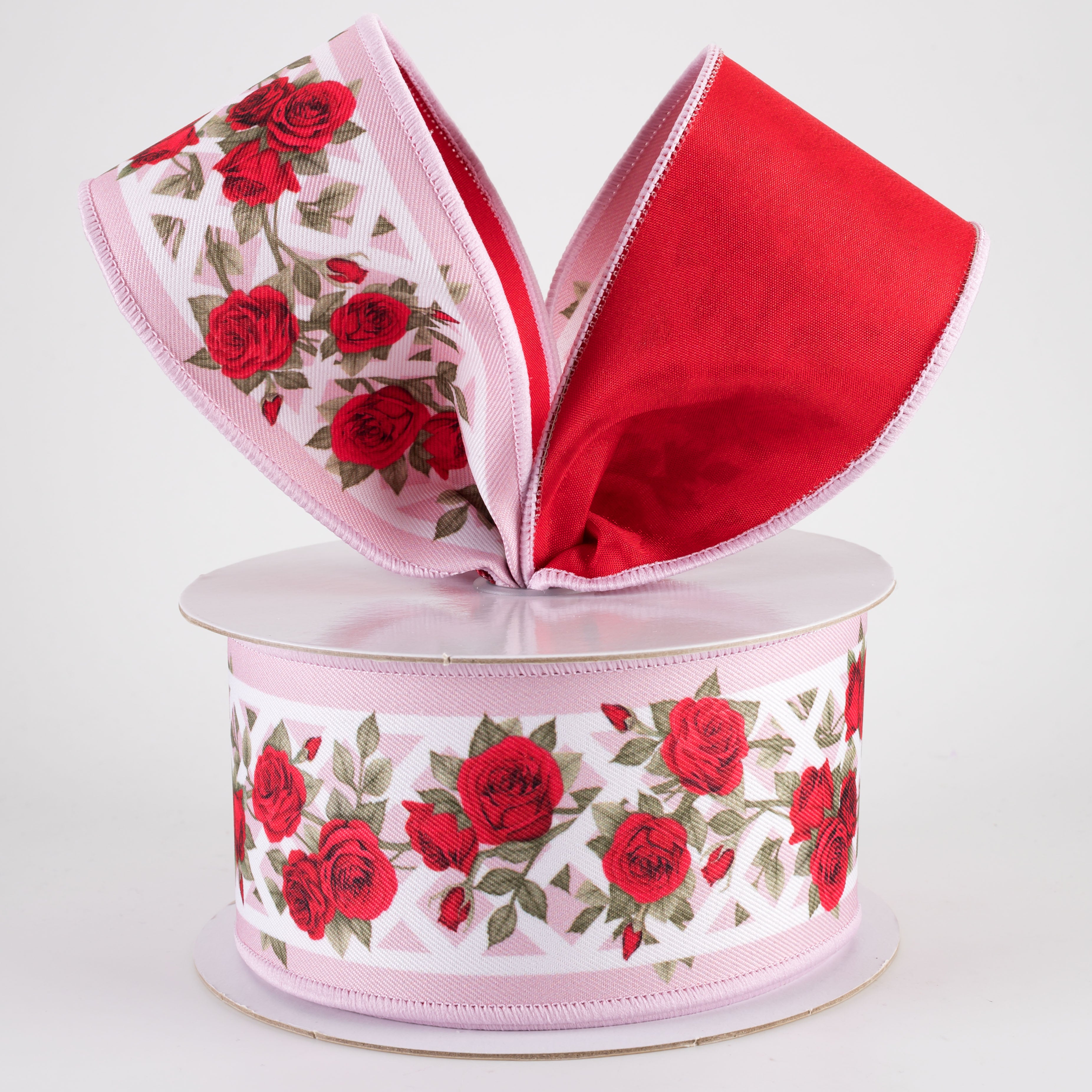 2.5" Double Sided Fused Rose Trellis Ribbon: Pink & Red (10 Yards)